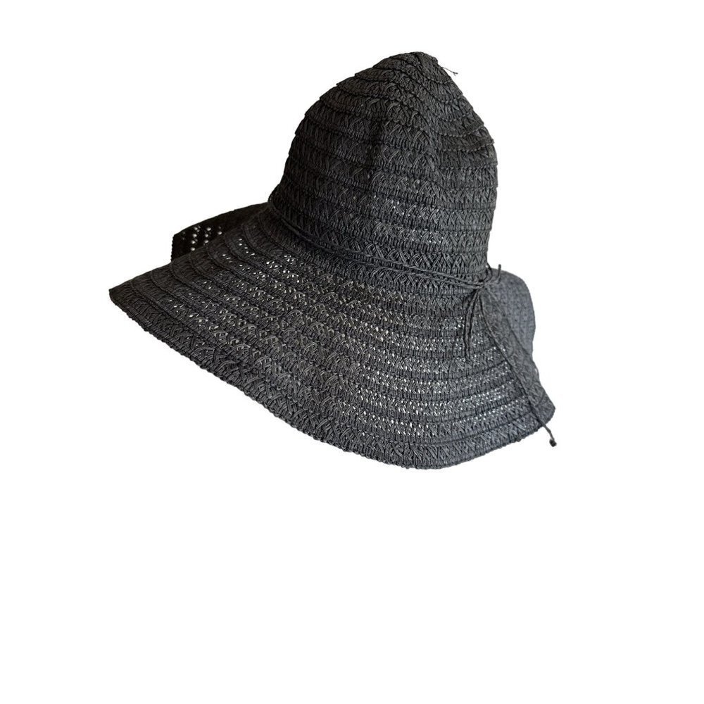 Shoe Shack Sun Hat‎ Black Woven Paper Straw Floppy Wide Brim String Tie OSFM